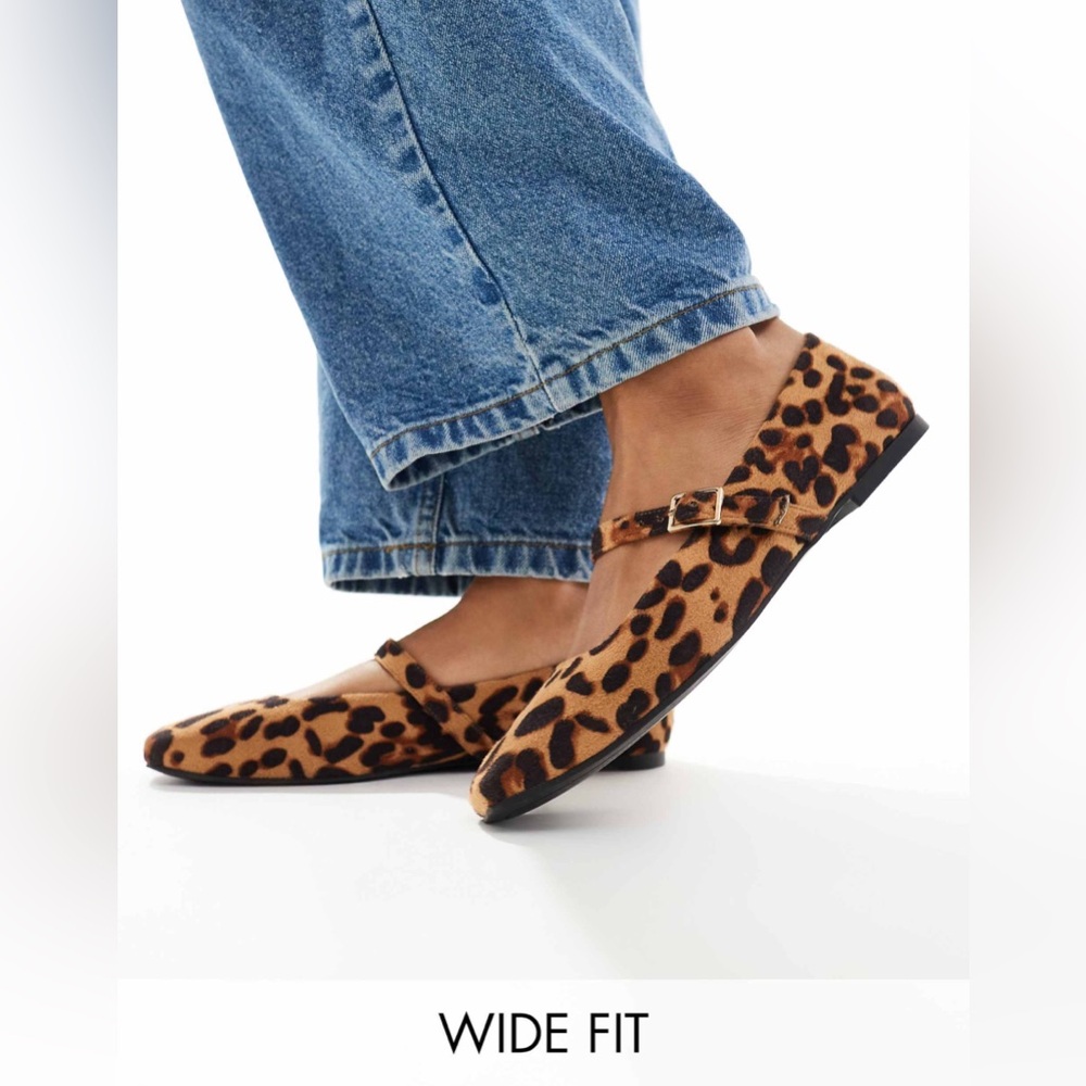 ASOS DESIGN Wide Fit Lottie Mary Jane ballet flats in leopard size 8